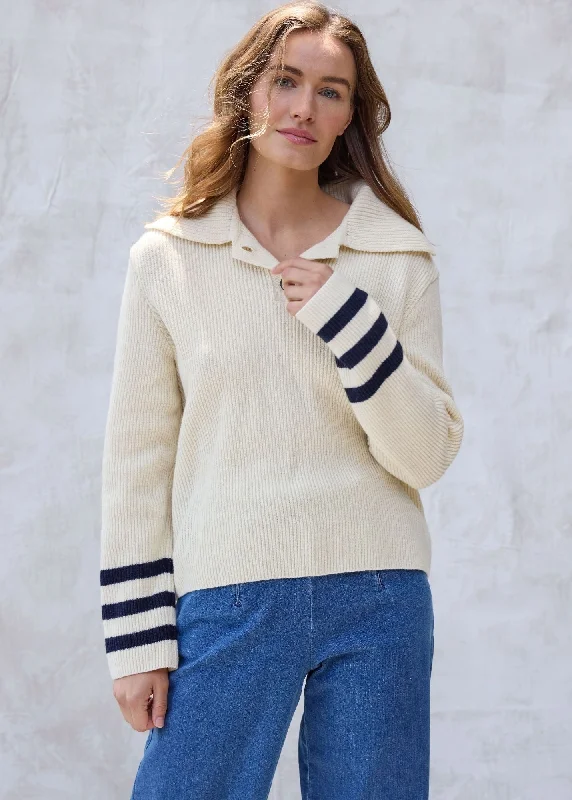 Cool Prices VANOISE - Button-Down Collar Sweater with Flared Long Sleeves | 100% Wool (IVORY / NAVY)