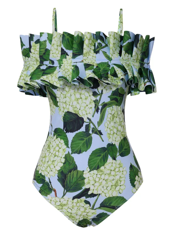 Chic And Comfortable Green 1950s Hydrangea Floral Cold-Shoulder Swimsuit