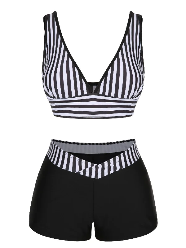 Weekend Exclusive Black 1950s Stripe Binding V-Neck Swimsuit