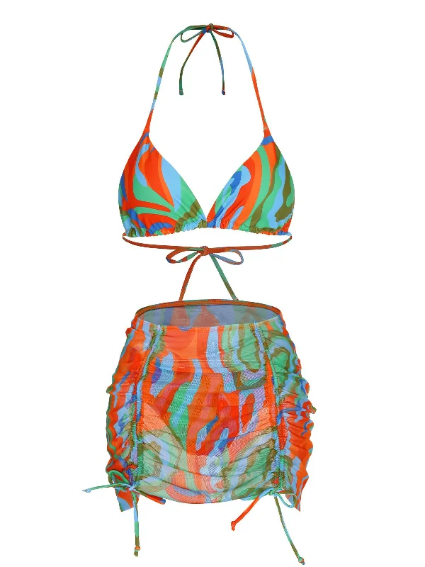 Vibrant Styles 1950s Colorful Swimsuit & Drawstring Skirt Cover Up