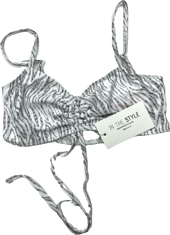 Trendy Urban Attire In The Style White Zebra Print Ruched Tie Bikini Top UK 8