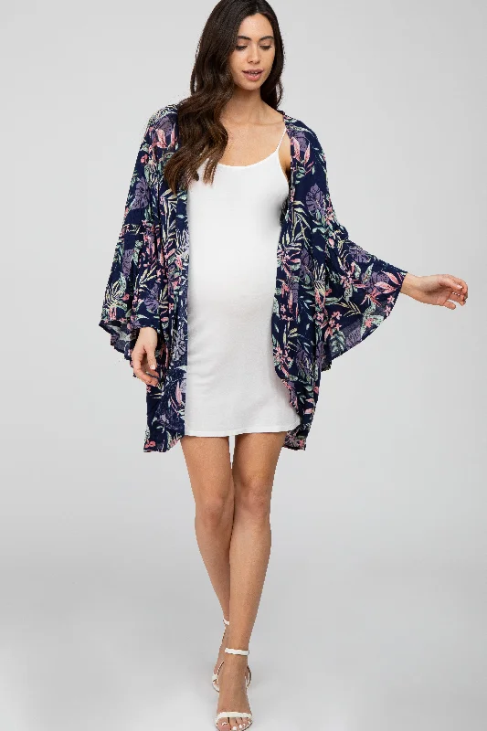 Sophisticated Style Navy Blue Floral Bell Sleeve Maternity Cover Up