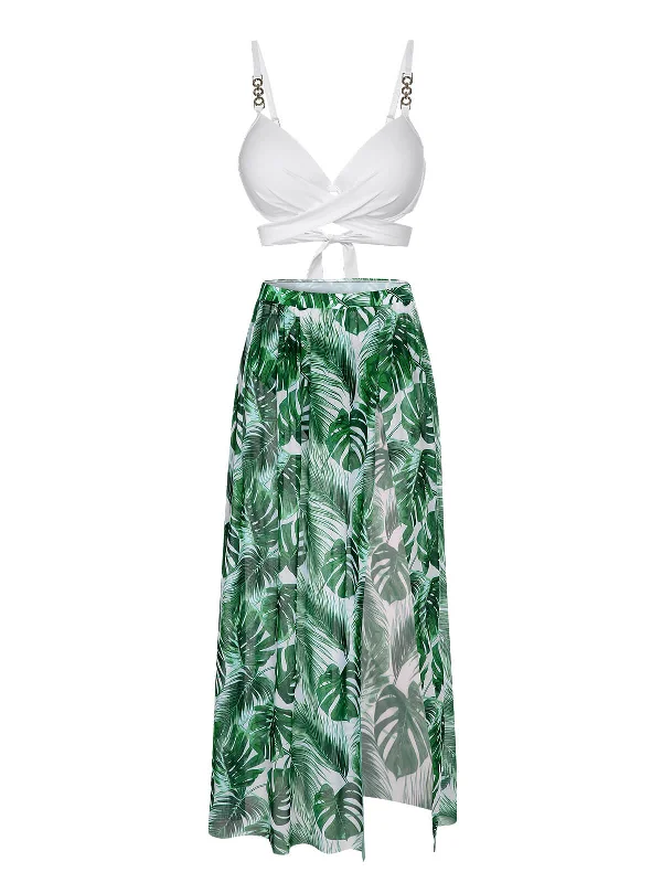 Comfort Meets Fashion White & Green 1950s Tropical Swimsuit With Cover-Up