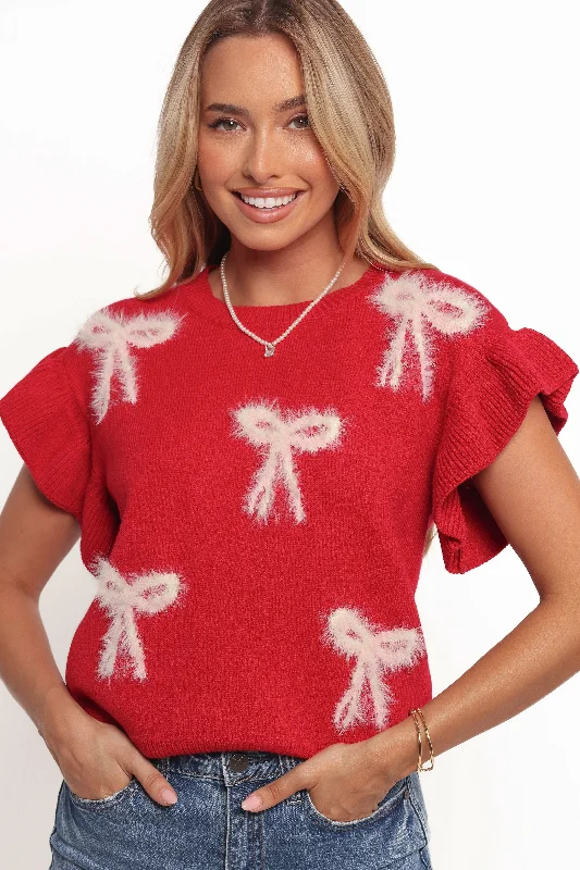 Women's Clothing Boutique Cherish Ruffle Sleeve Bow Knit Sweater - Red