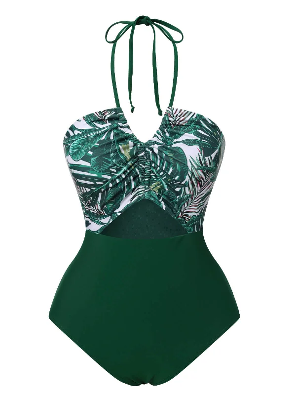 Fashion Forward Green 1940s Tropical Hollow Out One-Piece Swimsuit