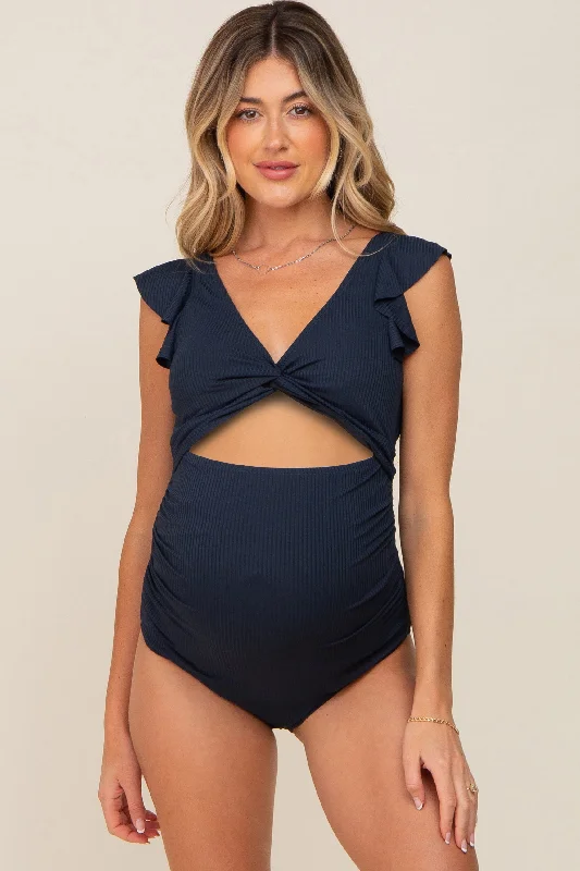 Evening Looks Navy Blue Ribbed Cutout Flutter One Piece Maternity Swimsuit