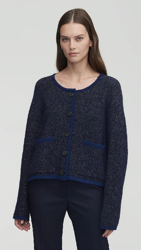 Relaxed Style Knit Jacket in Tweed Yarn | Navy