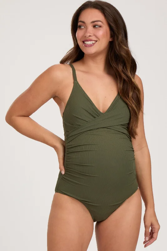 Fashion Deal Olive Ribbed V-Neck Ruched Back Cut-Out One Piece Maternity Swimsuit