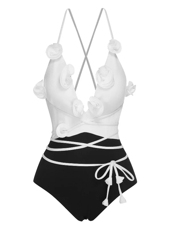 Flash Sales This Week Black & White 1950s 3D Flowers Lace-Up Swimsuit