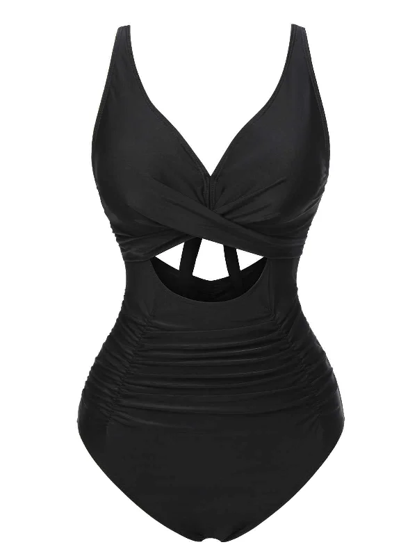 Versatile Wardrobe Essentials Black 1950s Strap Hollow One-Piece Swimsuit