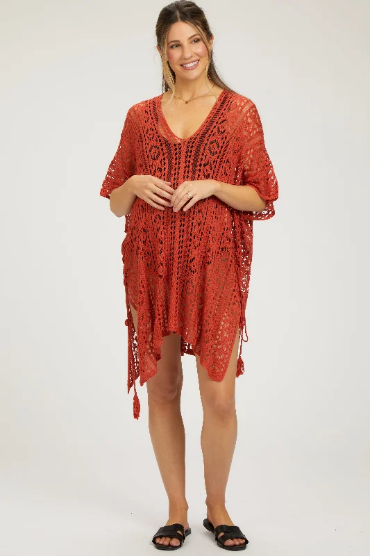 Special Occasion Wear Rust Crochet Knit Maternity Swim Cover Up