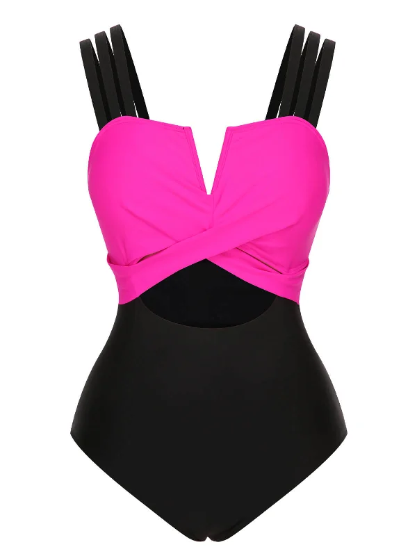 Trendsetting Threads Black & Rose Red 1960s Color Block Swimsuit