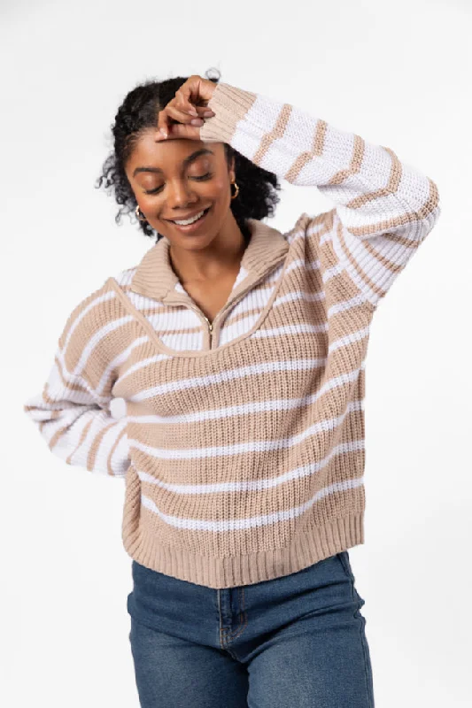 Clearance Sale, All Cheap Worth Melting For Beige Striped Color Block Quarter Zip Pullover Sweater