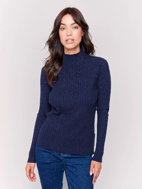 New Arrival Discounts Ribbed Knit Mock Neck Sweater - Navy