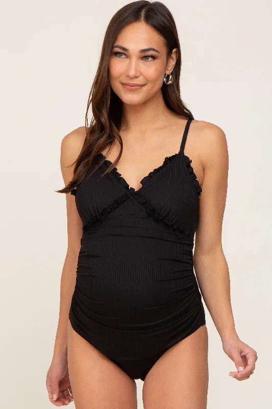 Women's Urban Fashion Black Ribbed Ruffle Ruched Maternity One Piece Swimsuit