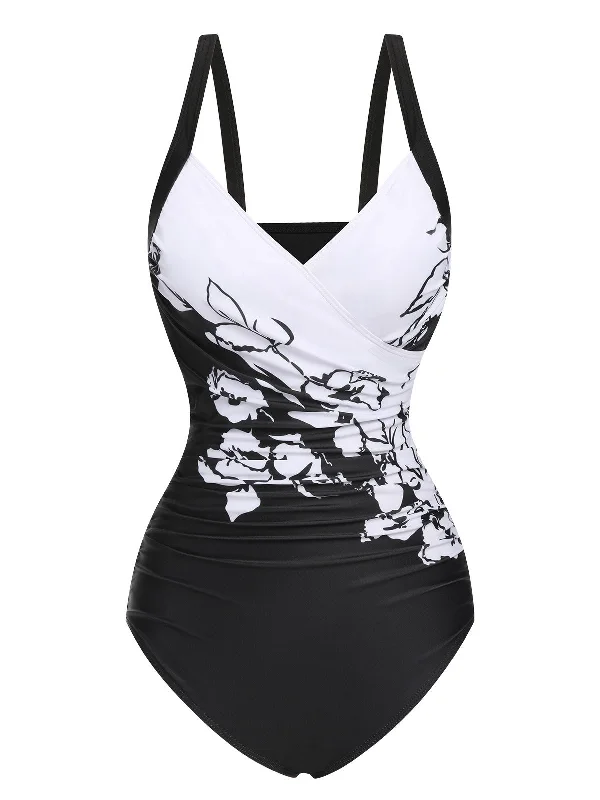 Bundle Offer Black 1930s Wide-Straps Flowers Swimsuit