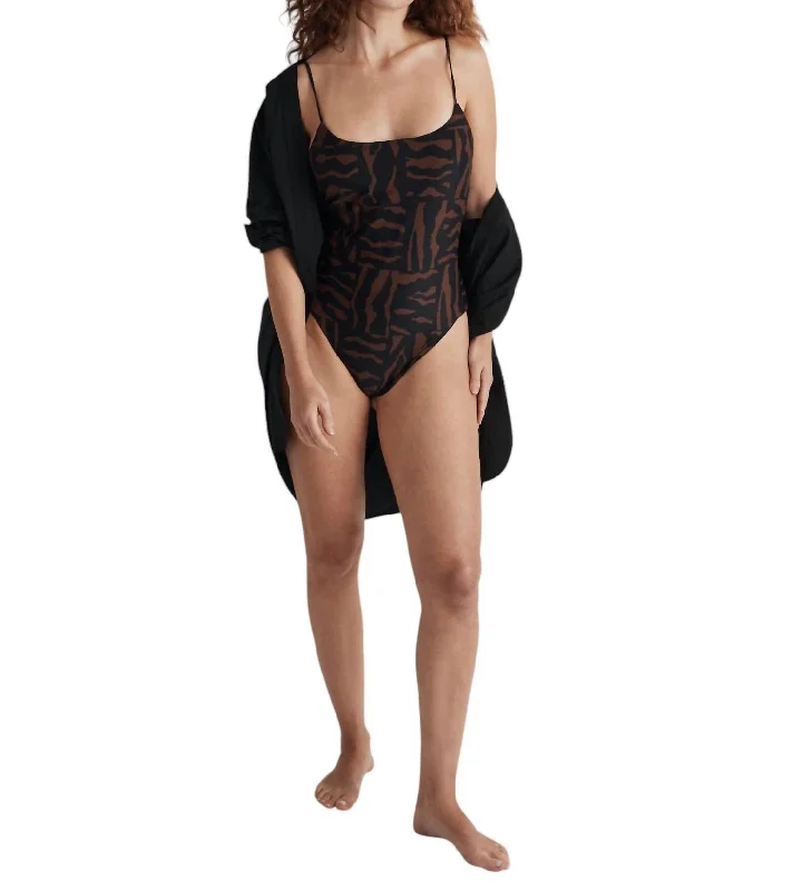 Limited Time Deal Spaghetti Strap One Piece Swimsuit In Animal Abstract In Brown