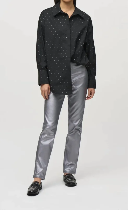 Women’s Seasonal Fashion Trends Metallic Coated Denim Pants In Grey