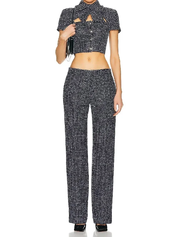 Trendy Casual Outfits Sequin Checked Tweed Trouser Pants In Navy