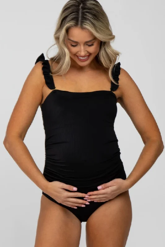 VIP Member Discount Black Ribbed Square Neck Ruffle Strap One Piece Maternity Swimsuit