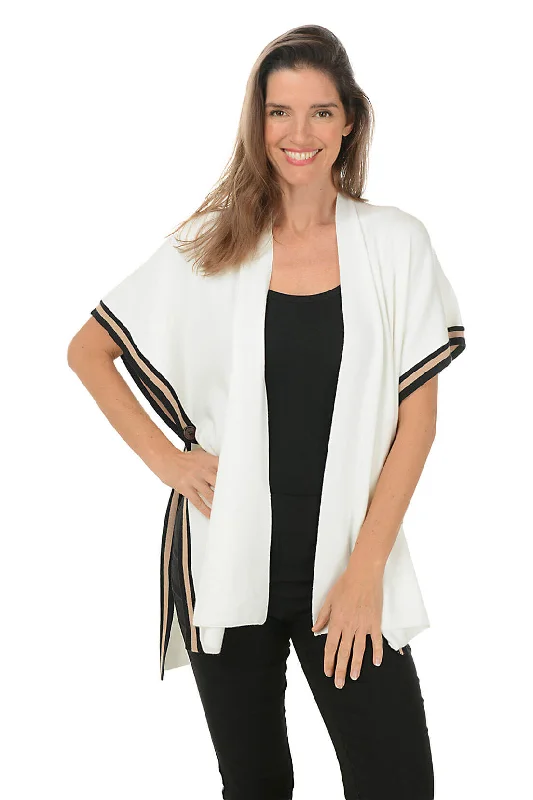 Chic Style Cream Stripe-Trimmed Ruana Shawl