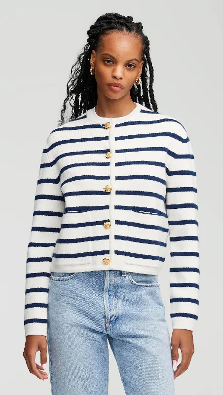 Premium Fashion Knit Jacket in Merino Wool | Cream/Navy Stripe