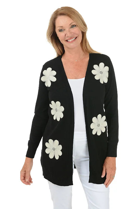 Plus Size Women Wear Black Felted Daisies Duster Cardigan