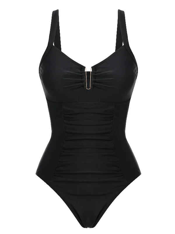 Fresh Styles, Fresh Deals Black 1970s Solid Cutout One-Piece Swimsuit