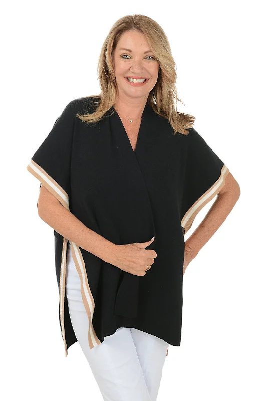 Budget-Friendly Fashion Black Stripe-Trimmed Ruana Shawl