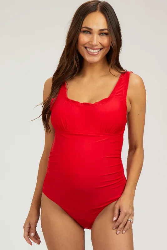 Weekend Exclusive Red Ruched Scalloped Maternity One Piece Swimsuit