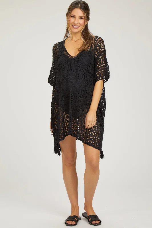 Style Upgrade Black Crochet Knit Maternity Swim Cover Up