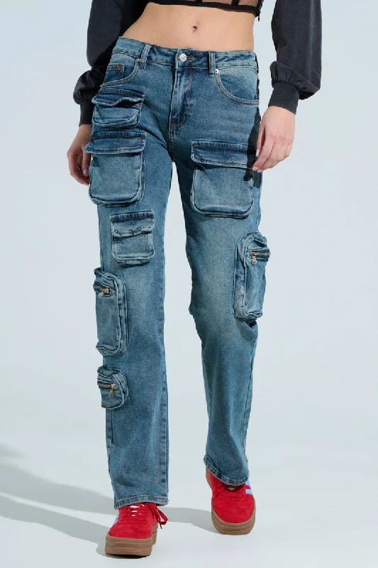 Best Sellers ALL OVER POCKET DETAIL RELAXED FIT JEANS IN MEDIUM BLUE DENIM