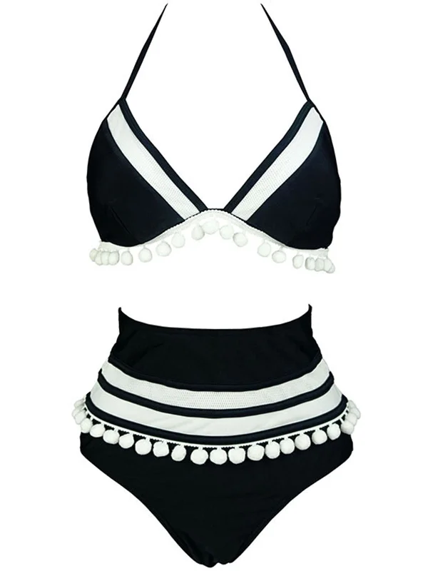 Online Boutiques Clothing 1970s Halter Patchwork Pom Pom Swimsuit