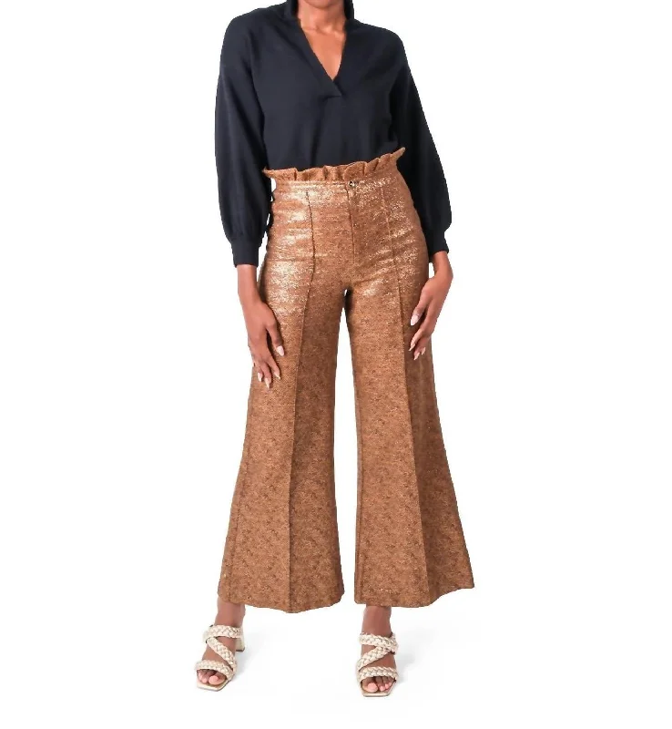 Fashion Forward Femme Ruffle Flare Pant In Gold Tweed