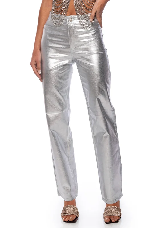 High End Women's Wear BORN TO SHINE METALLIC STRAIGHT LEG PANTS IN SILVER