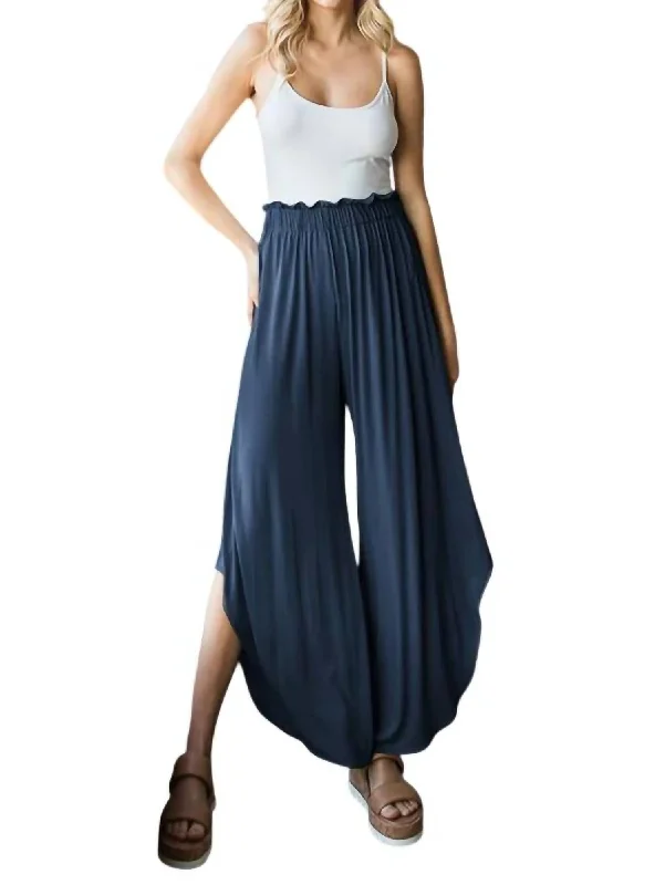 Casual Chic Full Size Frill Slit High Waist Wide Leg Pant - Plus In Navy