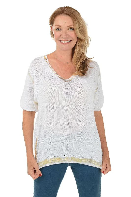 Stylish Savings Gold Shimmer Trim Short Sleeve Sweater