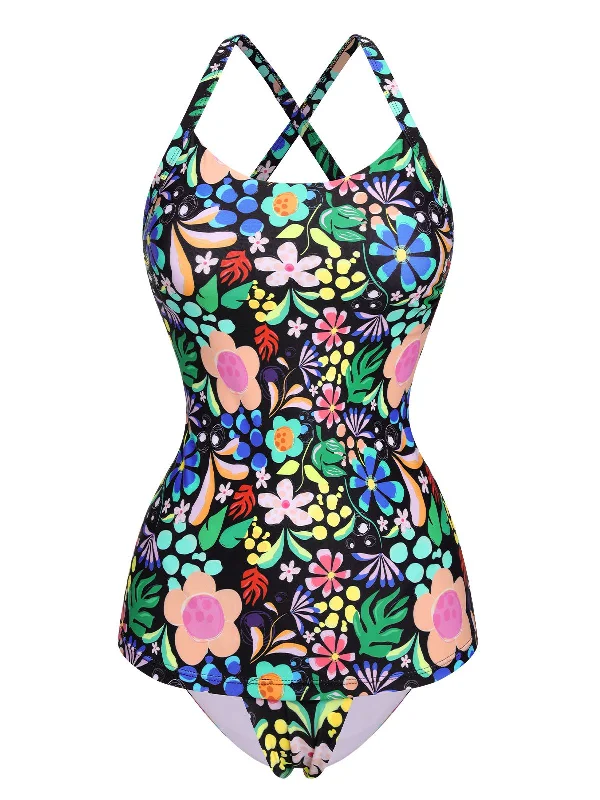 Urban Femme Streetwear 1970s Hippie Floral Strap One-Piece Swimsuit