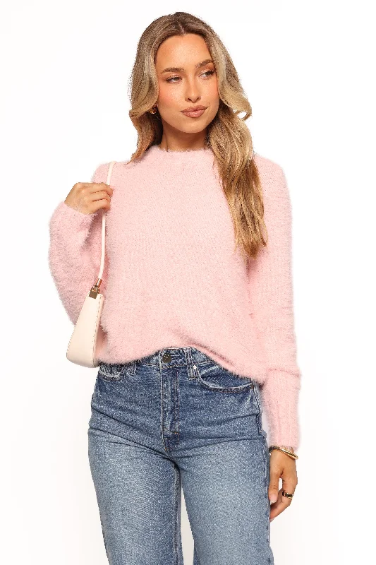 Earthy Tones Aspra Fuzzy Crewneck Knit Sweater - Pink