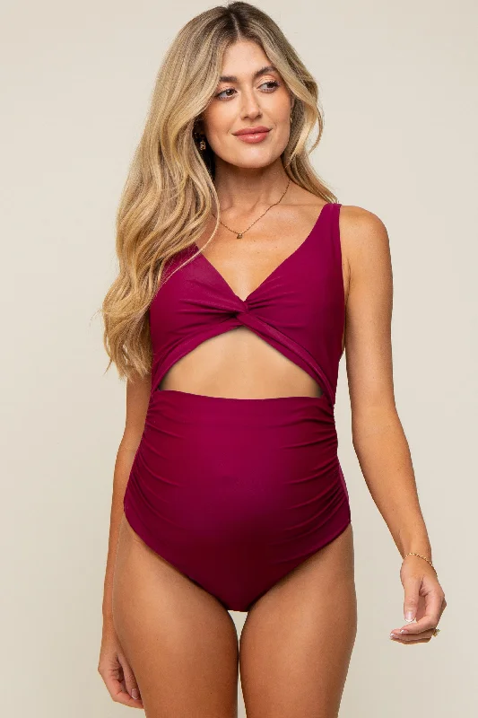 Stylish Looks Plum Ruched Sides Front Cutout Maternity One Piece Swimsuit