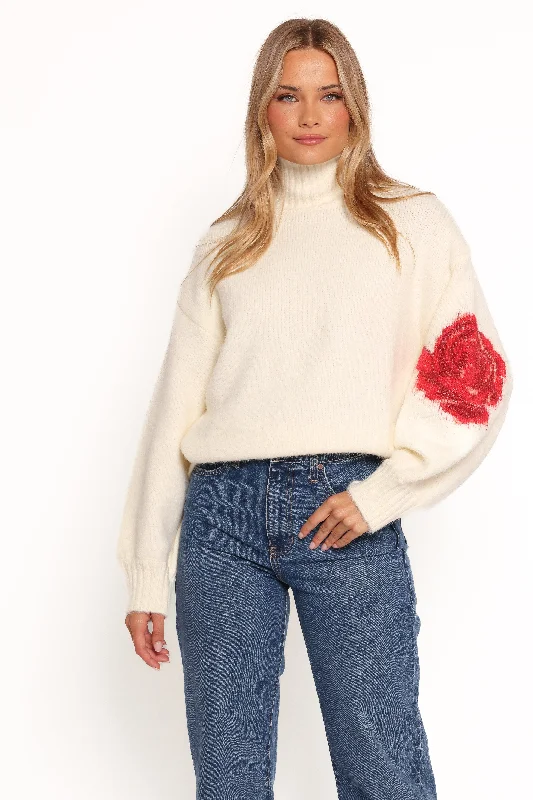 Limited Time Offer Kelso Flower Embroidery Knit Sweater - Cream