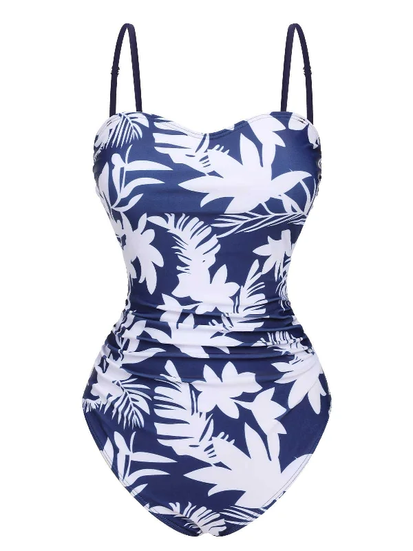 Unleash Your Fashion 1960s Spaghetti Strap Plants Solid One-Piece Swimsuit