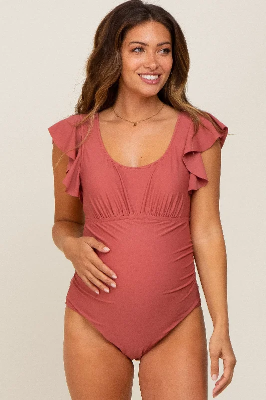 Premium Fashion Rust Ruffle Shoulder Pleated Side Maternity One Piece Swimsuit