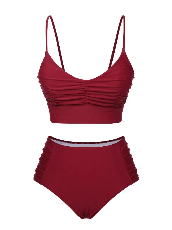 Limited Time Offer Wine Red 1930s Solid Wrinkle Swimsuit