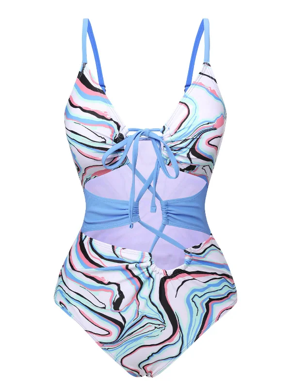 Wardrobe Essentials Blue 1940s Marble Print Hollow One-Piece Swimsuit