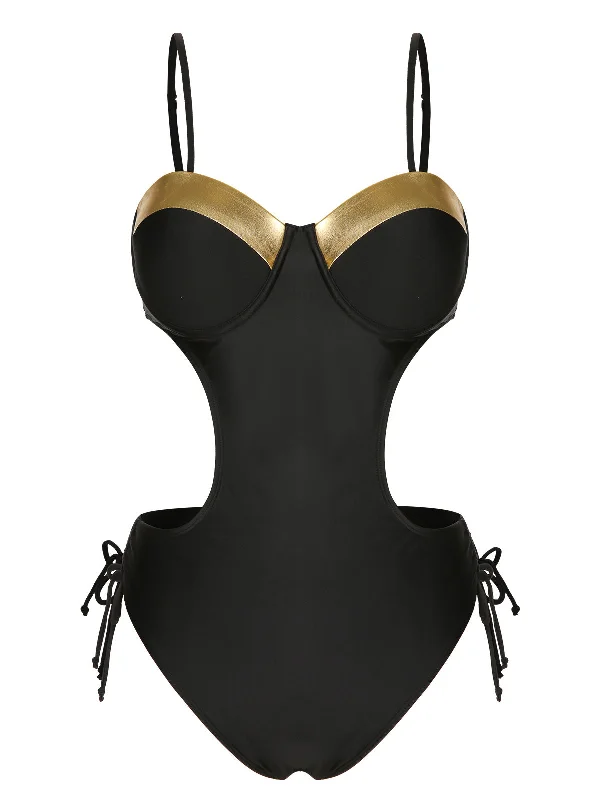 Women Online Clothing Boutiques Black 1970s Spaghetti Strap Hollow One-Piece Swimsuit