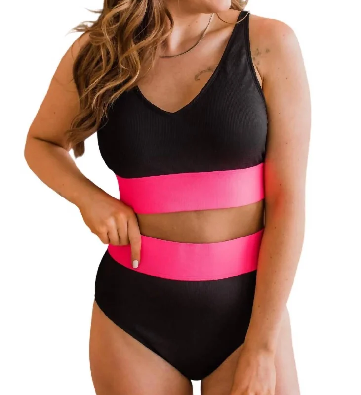 Winter Wardrobe Clearance Kissed By The Sun Bikini Swim Top In Black & Neon Pink